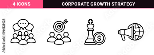 Digital Marketing and Global Business Strategy Line Art Set featuring Minimalist Monoline Geometric Icons for Corporate Growth and Analytics