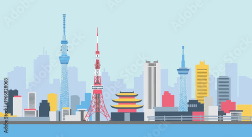 Tokyo City Skyline Flat Vector Illustration with Iconic Landmarks