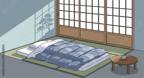 Pixel Art Japanese Bedroom Interior with Futon and Tatami Mats