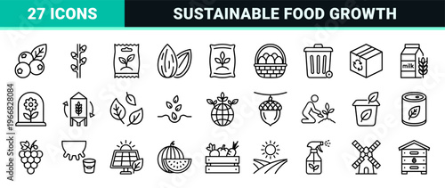 Organic Food and Sustainable Agriculture Minimalist Monoline Geometric Line Art Symbols for Eco-Friendly Branding and Healthy Lifestyle