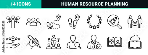 minimalist Human Resources and Corporate Management Line Art Set Featuring Geometric Icons for Recruitment, Training, and Workforce Strategy.