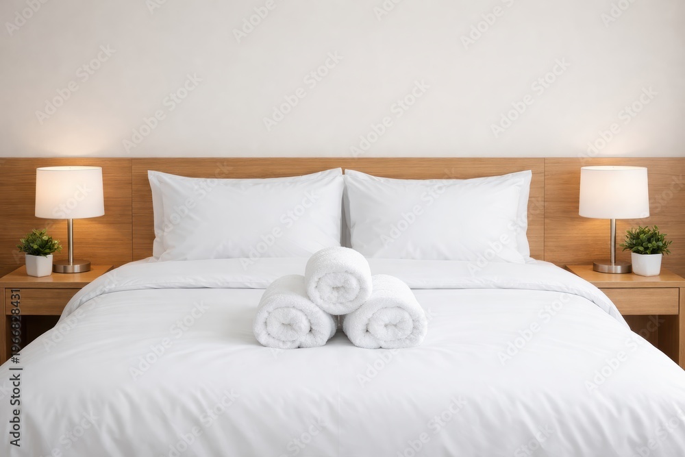 Obraz premium Serene Bedroom Retreat: A perfectly made bed with crisp white linens and rolled towels sits center stage, flanked by elegant bedside lamps and minimal decor.