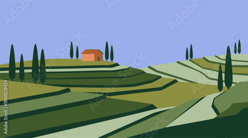 Minimalist landscape of rolling hills, terraced fields, house, and cypress trees