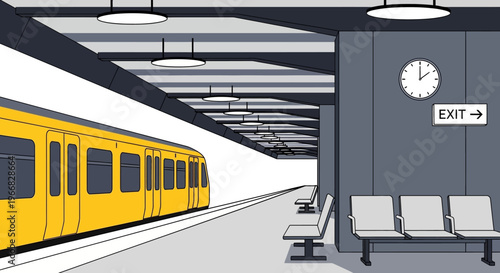 Modern Subway Station Interior with Yellow Train and Empty Seating