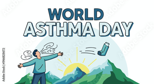 Man with asthma inhaler outdoors in mountains on sunny day for health awareness