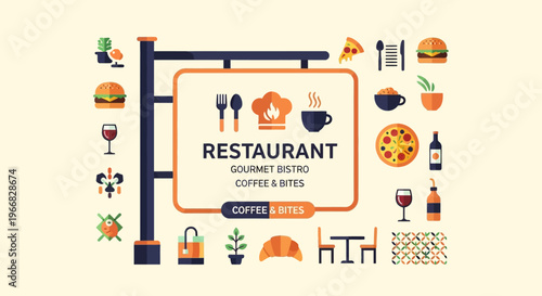 Restaurant and Bistro Signage with Food and Drink Icons Set