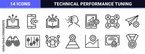 Business Optimization and Performance Tuning Thin Line Icons Featuring Industrial Efficiency, Data Processing, and Strategic Management Symbols