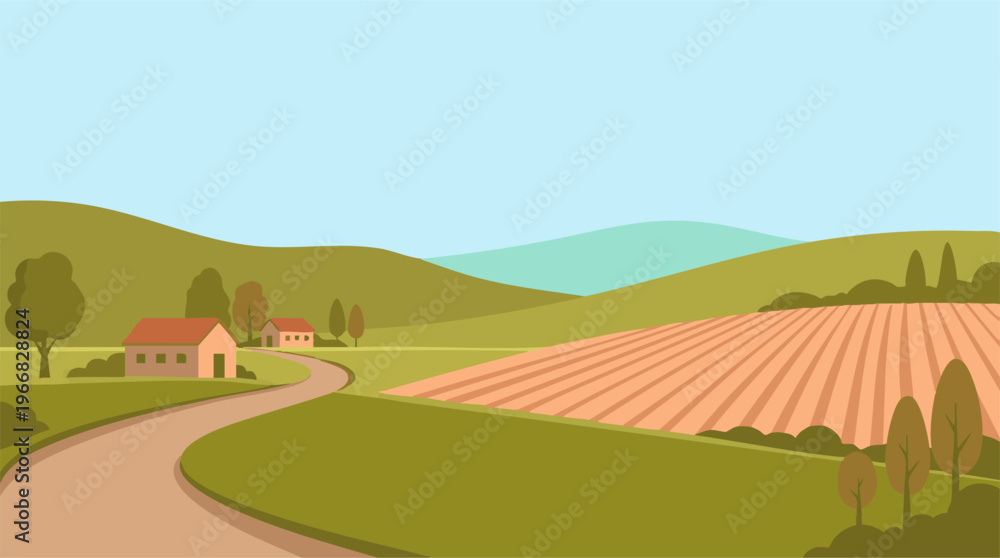 Naklejka premium Countryside scene illustration with houses, green hills, and plowed field.