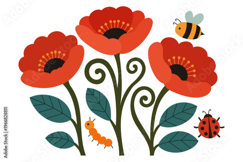 Fotografie Spring wildflowers with red poppies, buzzing bee, and spotted ladybug create cheerful meadow scene