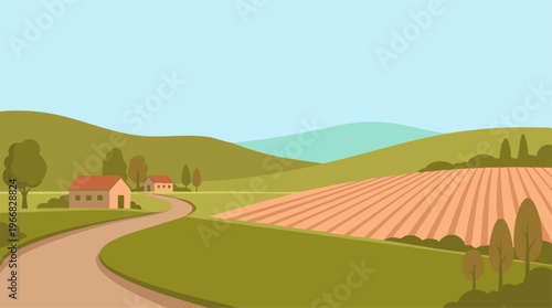 Countryside scene illustration with houses, green hills, and plowed field.
