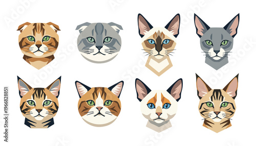 Geometric tribal animal spirits vector bundle, 9 kind of cats (Scottish Fold, British Shorthair, Russian Blue, American Shorthair, Balinese, Kucing Manx, Moggie, Exotic Shorthair, Savannah)