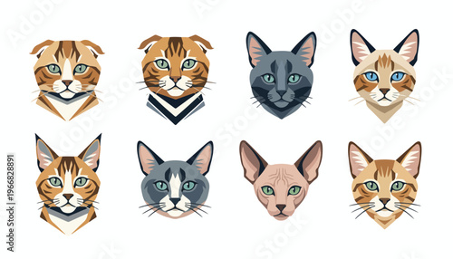 Geometric tribal animal spirits vector bundle, 9 kind of cats (Scottish Fold, British Shorthair, Russian Blue, American Shorthair, Balinese, Kucing Manx, Moggie, Exotic Shorthair, Savannah)