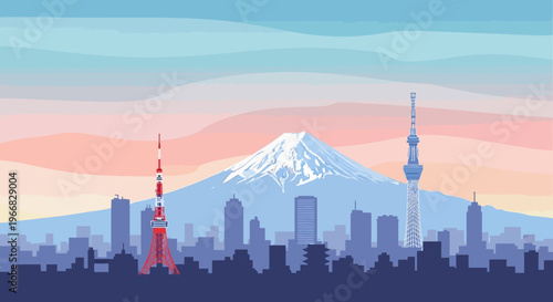 Tokyo City Skyline with Mount Fuji at Sunset Vector Illustration