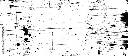 Abstract grunge black and white texture background with distressed scratches, ink splatters, and paint drips overlay effect