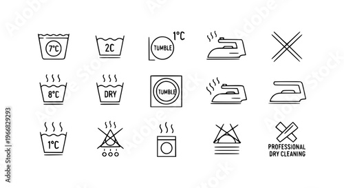 Minimal Thin Line Laundry Instruction Icon Collection for Clothing Care Vector