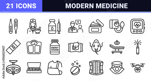 Pharmaceutical Healthcare and Medicine Minimalist Monoline Icon Set for Professional Medical Interface Design and Drugstore Branding