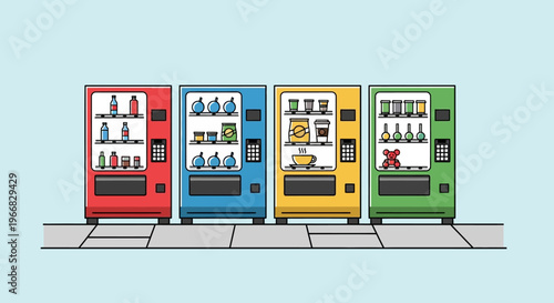 Set of Colorful Vending Machines with Various Snacks and Drinks