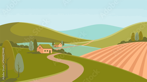 Minimalist Rural Landscape Illustration with Green Hills, Houses, and Farm Fields