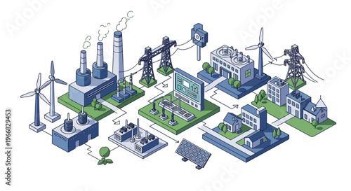 Modern energy infrastructure network with renewable and traditional sources.