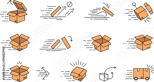 Package Delivery and Shipping Process Icon Set with Box Movement, Unpacking, Sorting, and Transportation Actions.