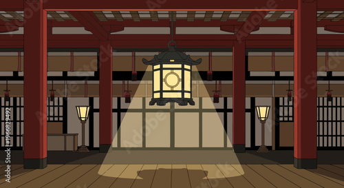 Traditional Japanese Temple Interior with Hanging Lantern