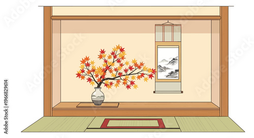 Traditional Japanese Tokonoma Alcove with Maple Branch Vase and Scroll