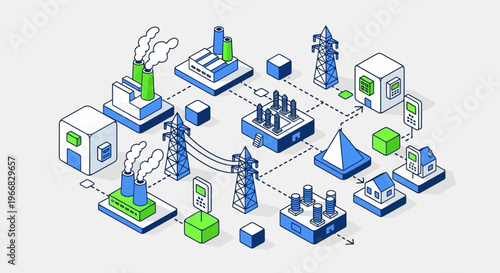 Industrial energy grid network system illustration.