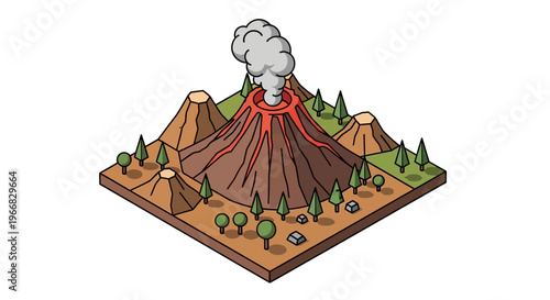 Illustration of an erupting volcano with smoke and lava.