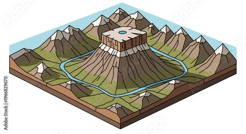 Volcanic mountain landscape with river and surrounding peaks.