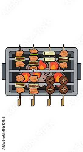 Top View of Japanese Yakitori Skewers Grilling on Charcoal Grill