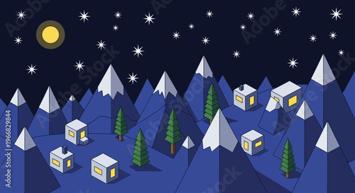 Winter Mountain Village Under a Starry Night Sky.