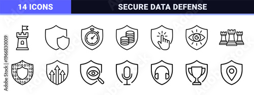 Cyber Security and Data Protection Outline Icons featuring Minimalist Monoline Shields for Professional Digital Safety Interface Design