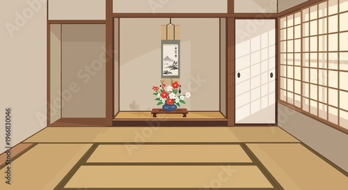 Traditional Japanese Room Interior with Tatami Mats and Floral Arrangement