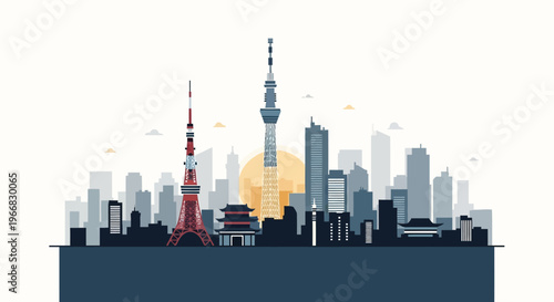 Tokyo City Skyline Silhouette with Iconic Landmarks and Sunset