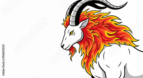 Striking fantasy creature illustration with majestic horns, vibrant fiery mane on white. Powerful fantasy creature embodies symbolic strength, dynamic energy.