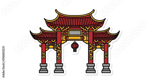 Traditional Chinese Gate Illustration with Lantern