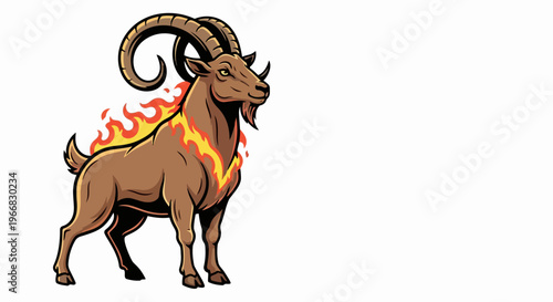 Illustrative fire goat with curved horns, vibrant flames. Powerful fire goat shows textured fur, pointed beard, determined eyes, conveying wild strength.