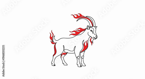 Stylized flame goat artwork presented on clean white background. This flame goat showcases white animal with bold red fire elements on horns and lower body.
