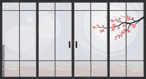 Traditional Japanese Shoji Sliding Doors with Cherry Blossom Branch