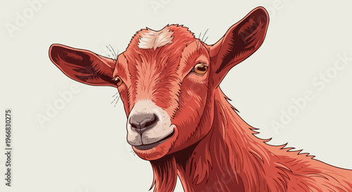 Head of red goat illustration with white markings on light background. Red goat animal portrait showing detailed fur texture and gentle expression.