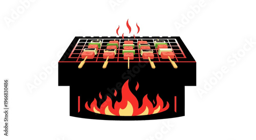 Vector Illustration of Grilled Skewers on a Charcoal Barbecue Grill