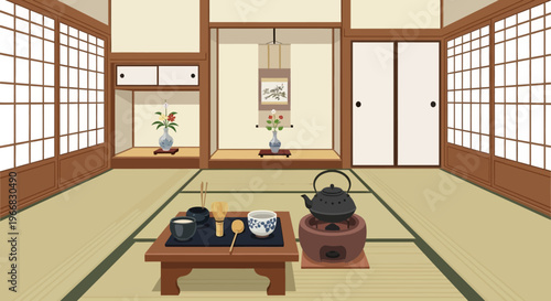 Traditional Japanese Tea Ceremony Room with Tatami Mats and Kettle