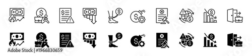 Business failure icon set. Financial crisis and bankruptcy symbol. Vector illustration.