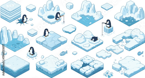 Penguin and Iceberg Scene Icon Set with Frozen Landscapes, Ice Fishing, Arctic Exploration, and Penguin Characters in a Winter Environment.
