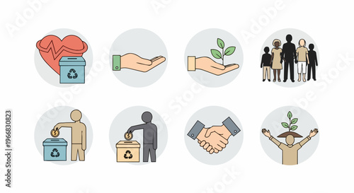 Charity icons depicting heart with recycling bin and open hand gesture. Charity icons include hand holding plant sprout, diverse people group, and person donating.