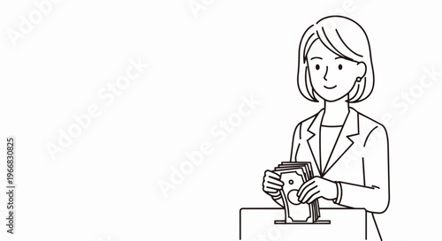 Woman placing money into donation box, simple outline drawing depicting financial contribution. Person carefully inserts bills into charity collection box, showing support for fundraising efforts.