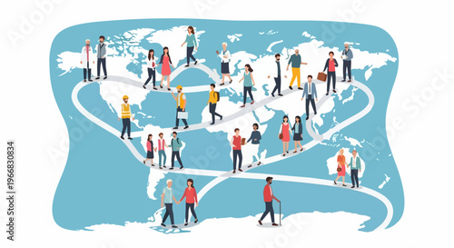 Diverse people walk world map, illustrating global connection, human movement. Individuals from various cultures, ages travel paths, signifying interaction, global connection.