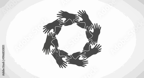 Abstract teamwork hands forming perfect circular shape, symbolizing strong connection, mutual support. Graphic illustration depicts global community, collaboration, partnership,