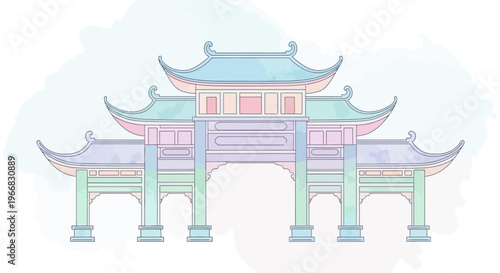 Watercolor Illustration of Traditional Chinese Gate Architecture