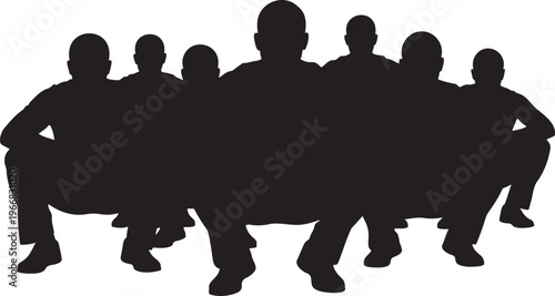 Unified group of human silhouettes in a squatting position, representing collective strength, teamwork, and readiness for action